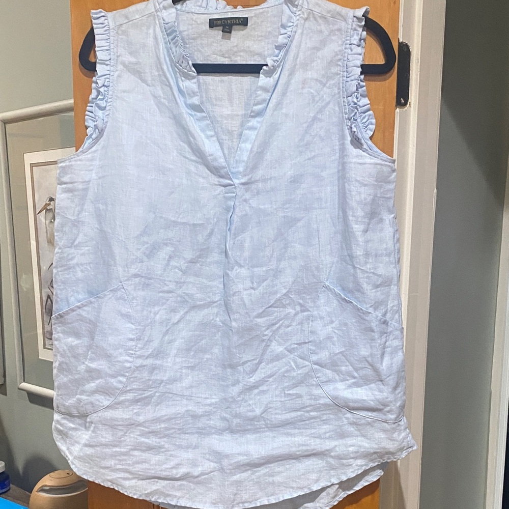 For Cynthia Light Blue Linen Sleeveless Blouse